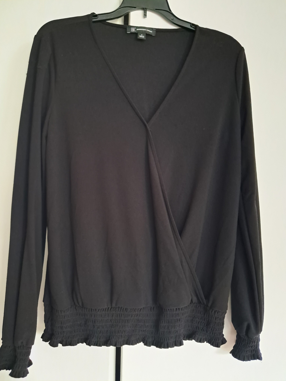 INC International Concepts Black Long Sleeve Wrap Top
